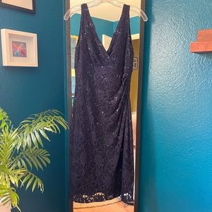 LAUREN RALPH LAUREN Evening Lace Overlay Sequin Dress, navy blue, women’s size 6